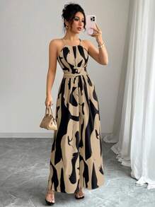 Elenzga Váy maxi chữ A họa tiết hoa bất đối xứng cổ yếm hở vai thanh lịch dành cho nữ, thiết kế xoắn xếp nếp, màu sắc rực rỡ, xuân/hè - Màu Khaki - Xem 4