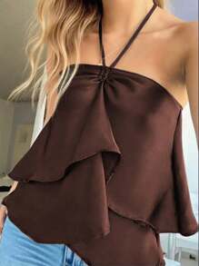 Women's Fashion Solid Color Ruffle Trim Halter Neck Camisole