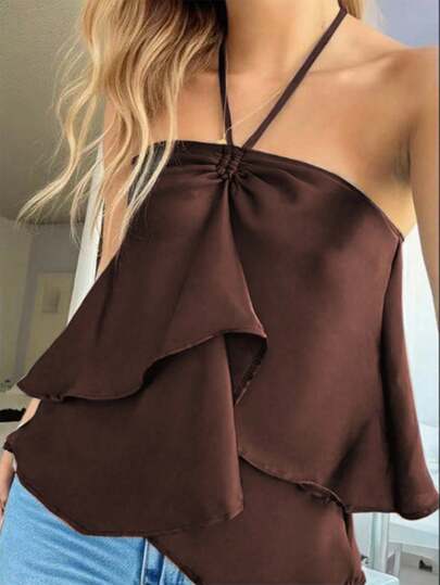 Women's Fashion Solid Color Ruffle Trim Halter Neck Camisole