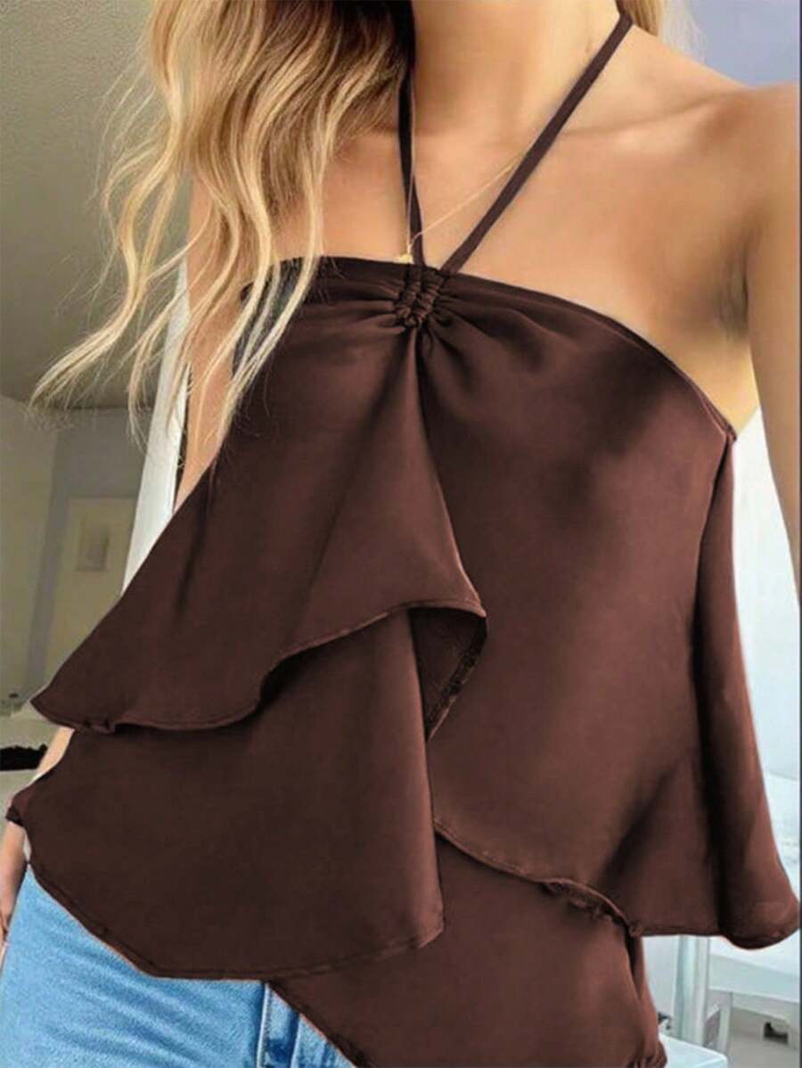Women's Fashion Solid Color Ruffle Trim Halter Neck Camisole