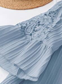 SHEIN LUNE 大码女式夏季 V 领撞色蕾丝荷叶边宽松连衣裙