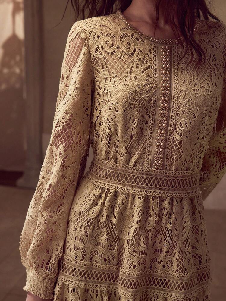 GUIPURE LACE OVERLAY ELEGANT FAUX PEARL CHAIN VINTAGE LONG DRESS