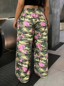 SHEIN EZwear 大码迷彩玫瑰印花宽松裤 - 彩色 - 查看 2