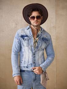 Manfinity Homme 男士浅色做旧复古街头风格牛仔夹克 - 淺色水洗藍 - 查看 4