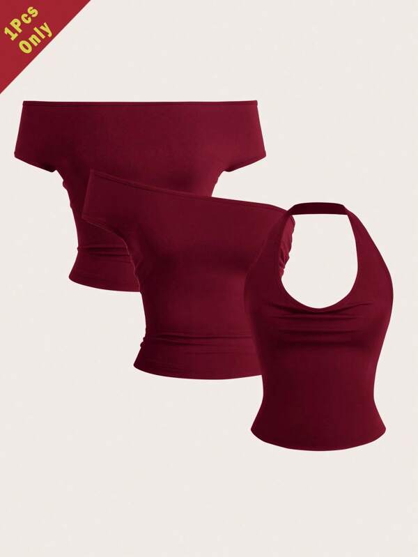 SHEIN EZwear 1 pieza Blusa ajustada de color vino tinto para mujer versátil