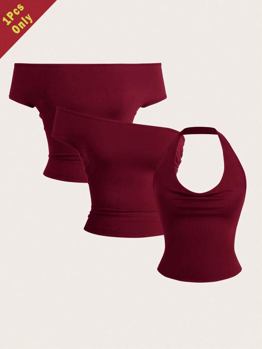 SHEIN EZwear 1 件女士勃艮第酒红色百搭修身上衣 - 酒紅色 - 查看 1