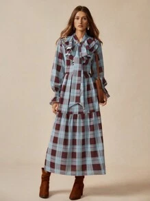 Florisole Women's Casual Plaid Frill Trim Long Sleeve Dress, Suitable For Vacation Plaid Dress Checkered Dress Tie Neck Dress Fall Dress - Multicolor - View 4