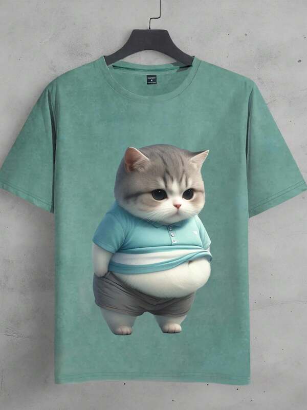 Manfinity Dauomo Men's Casual Cat Print Round Neck Short Sleeve T-Shirt, Summer