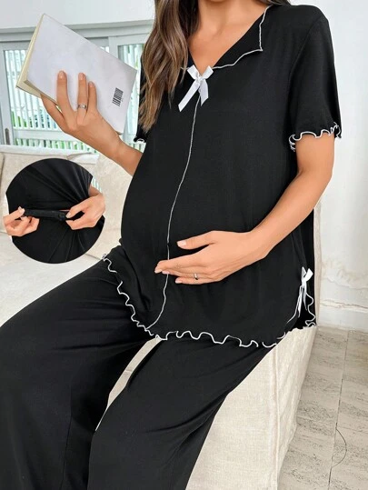 Moonlight&Mama 浪漫纯色舒适牛奶丝蝴蝶结孕妇睡衣套装