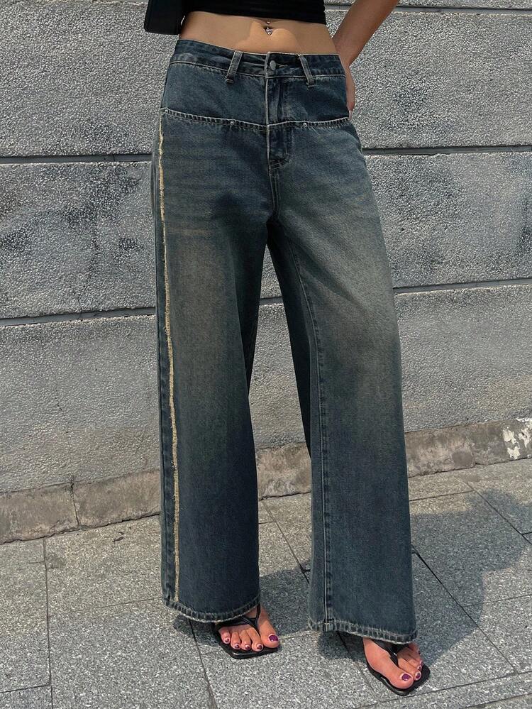 Vintage Washed Straight Leg Jeans, Fashionable & Stylish, Distressed Relaxed Fit Casual Wide Leg Pants
