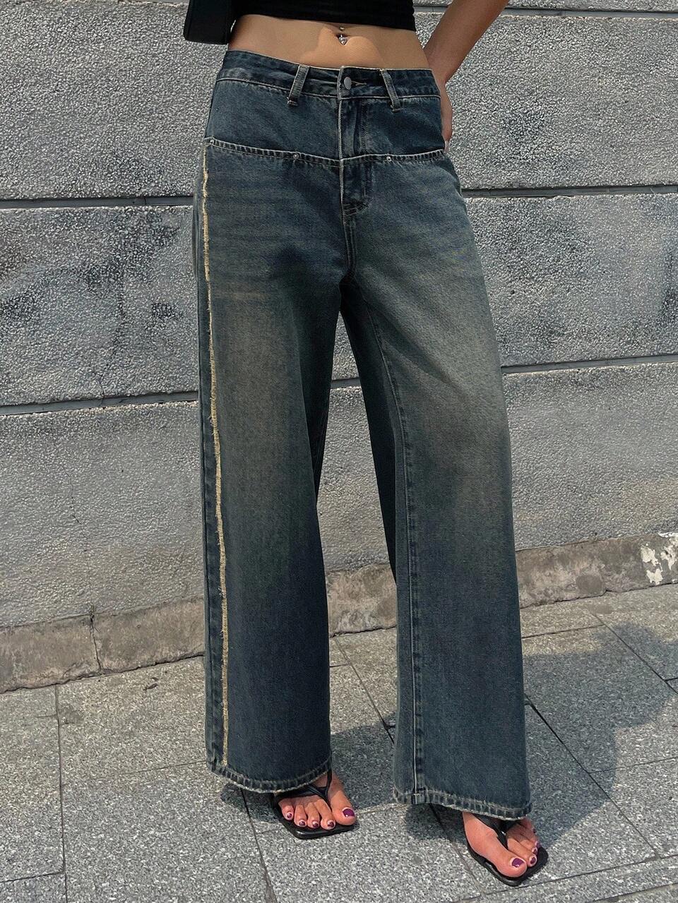 Vintage Washed Straight Leg Jeans, Fashionable & Stylish, Distressed Relaxed Fit Casual Wide Leg Pants