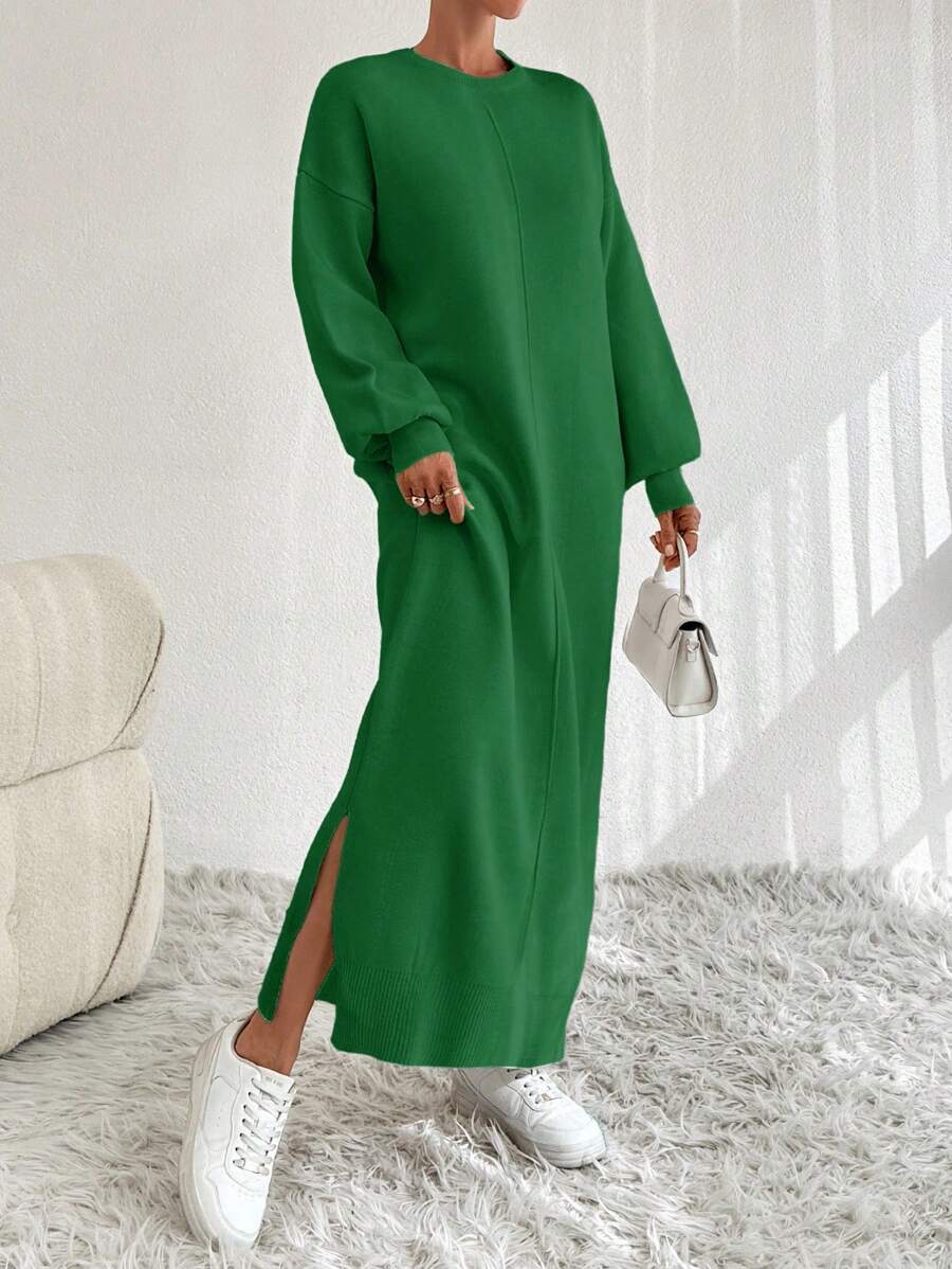 EURMUSE Women Drop Shoulder Long Sleeve Solid Color Long Knit Sweater Dress, Casual Style, Autumn/Winter - Green - View 1