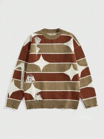 Street Life Maglione casual da uomo con vestibilità ampia, spalle cadenti, dettagli consumati, motivo a blocchi di colore con stelle e strisce, adatto per l'autunno