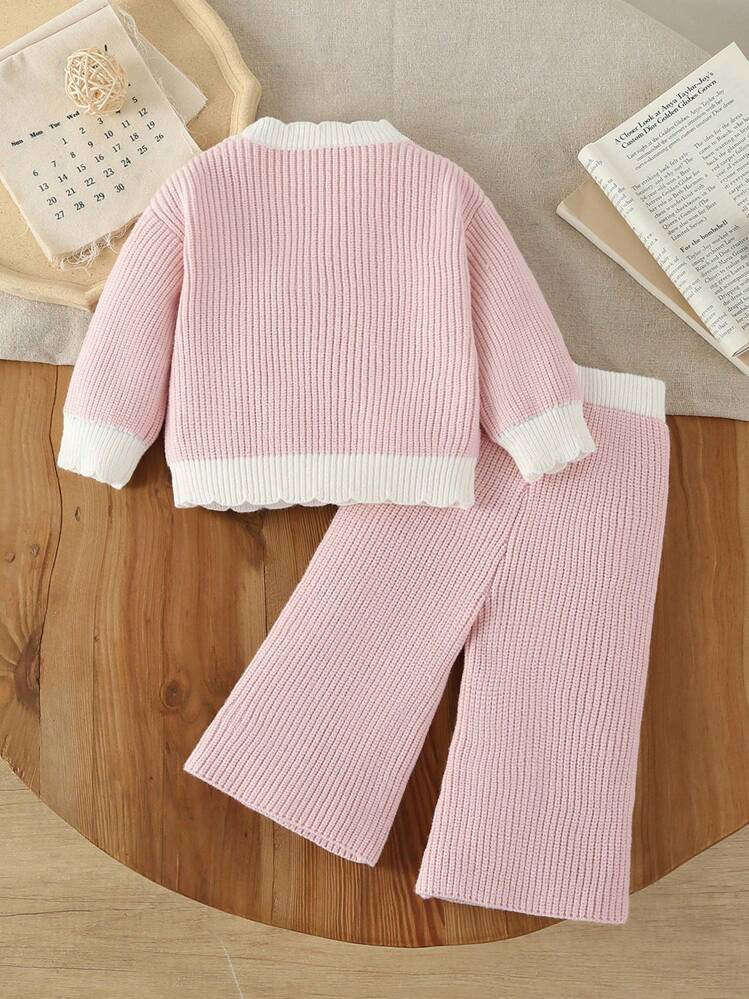 SHEIN Vintaside Kids 2pcs Baby Girls Elegant Solid Color Knitted Sweater And Wide Leg Pants Set, Suitable For Autumn/Winter, Fashionable And Versatile For Daily Wear, Outings And Travels,Everyday Baby Girls Knit Sweater And Pants Outfit With Regular Fit And Soft Fabric, Two Piece Winter Outfits For Toddler Girl Toddler Girl Knit Set Knit Two Piece Toddler Baby Girl Winter Outfit Baby Girl Knit Set Toddler Girl Knit Two Piece Set Two Piece Sweater Set Toddler Girl Knitted Toddler Girl Outfit Fall - Pink - View 2