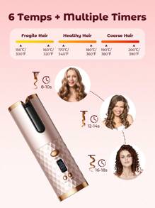 Teckwe Rizador de pelo automático, rizador de pelo inalámbrico, rizador de pelo cerámico giratorio con 6 temperaturas y temporizadores, vara rizadora recargable portátil, apagado automático, rizador de calentamiento rápido para peinado - Rosa - Ver 3