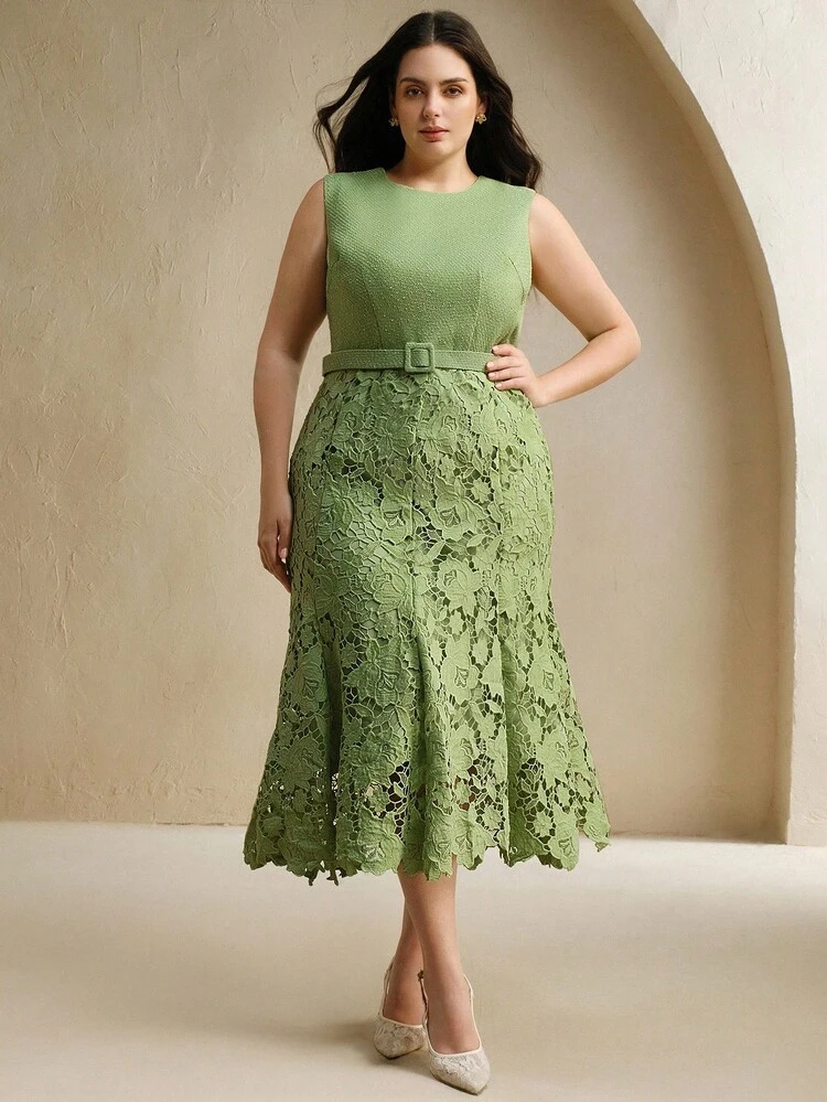 Plus Size Women Elegant Sleeveless High Waist Patchwork Lace Hollow Out Midi Dress, Green