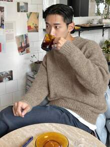 DAZY Men's Solid Color Khaki Knit Sweater, Autumn - Khaki - View 6