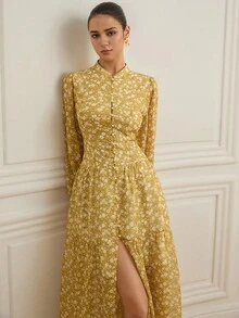 Aveloria Rosie New Autumn Fashion Random Ditsy Floral Chiffon Pearl Button Stand Collar Long Sleeve Women Long Dress Fall Cloth For Women