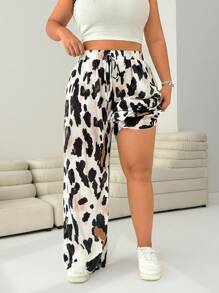 Solflare 大码春季浪漫豹纹休闲抽绳腰褶阔腿裤