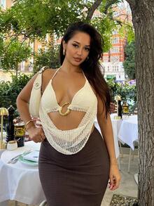 NegzBox 女士夏季性感波西米亚海滩度假音乐会服装女士露背领带金属装饰钩针夏季上衣，女士夏季服装，女士性感俱乐部服装 - 白色 - 查看 5