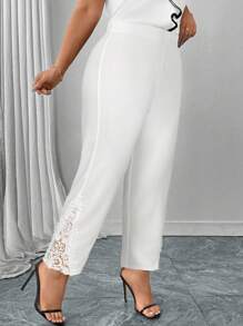 Reflora 大码女式优雅通勤纯色蕾丝拼布裤 - 白色 - 查看 5