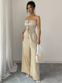 Elenzga 女式夏季休闲条纹抹胸连体裤 - 随机花卉图案 - 卡其色 - 查看 3