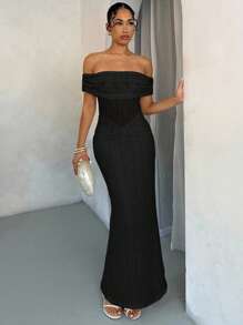 SHEIN BAE Off-Shoulder Lace Bodycon Dress, Elegant For Spring/Summer,Prom Dress - Black - View 4