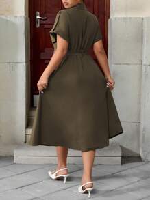 Easura 夏季时尚优雅束腰西装领通勤连衣裙 - 棕色 - 查看 2