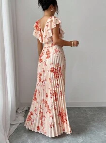 Elenzga Đầm nữ dáng chữ A in họa tiết kỹ thuật số phong cách nghỉ dưỡng nhún bèo eo thanh lịch lãng mạn - Nhiều màu - Xem 2