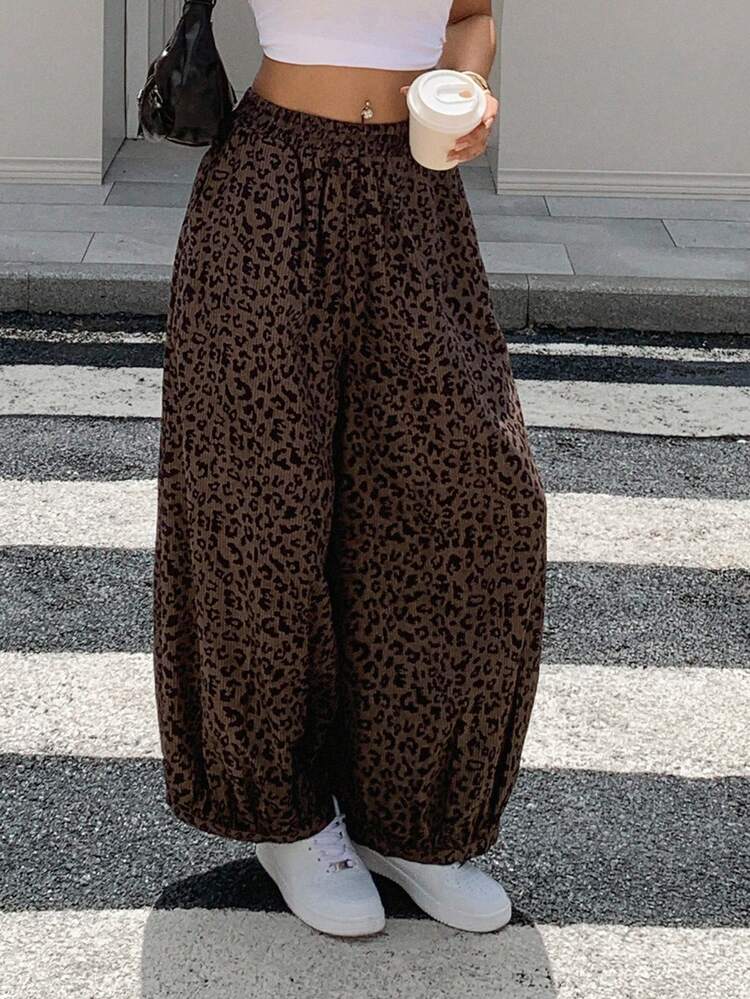 Women's Elastic Waist Leopard Corduroy Loose Lantern Pants, Casual Street Style Long Trousers