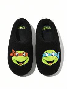 TEENAGE MUTANT NINJA TURTLES | SHEIN 柔软毛绒保暖防滑室内拖鞋冬季家居鞋精美刺绣图案，轻便耐用，男女通用家居卧室空调房春秋季 - 黑色 - 查看 7