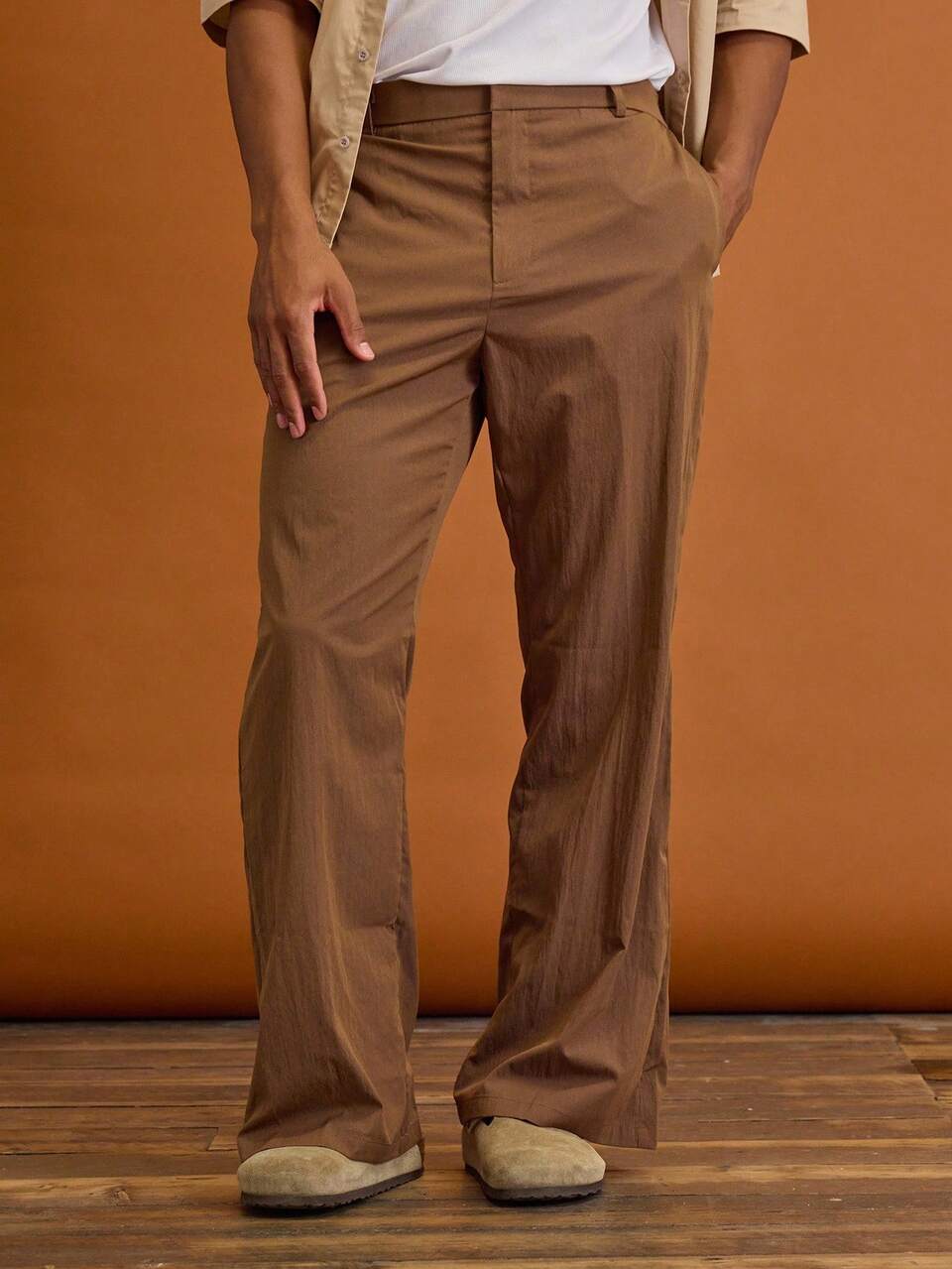 Flared Fit Lightweight Pleated Pants Belt Loop Hole Button Fastening Detailing Summer Spring Vacation Holiday