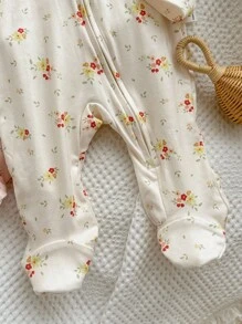 Conjunto de 2 piezas para bebé niña: Mono de manga larga con cremallera al frente, cuello redondo, suave y amigable con la piel, con estampado floral minimalista - Multicolor - Ver 3