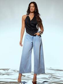 Denimoi Cropped Wide Leg Denim Jeans, Culottes Pants, Culottes Jeans, Wide Leg Jeans, Fashionable, Brunch Style, Perfect For Summer - Light Wash - View 5