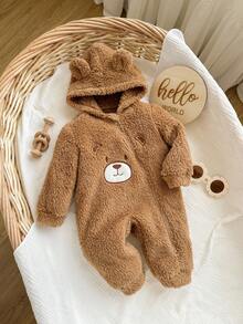 SHEIN 新生女宝宝可爱卡通熊图案毛绒连帽连体衣，秋冬季 - 棕色 - 查看 6