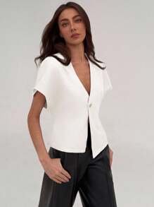 SHEIN PETITE CURVE Áo sơ mi nữ cỡ lớn màu trơn, cài một nút, tay bồng, kiểu dáng thường ngày, áo kiểu nữ mùa hè, áo kiểu đường phố, áo sơ mi nữ thanh lịch, áo blazer tay ngắn màu trắng, áo khoác cardigan tay ngắn thanh lịch, áo blazer trắng mùa hè, áo blazer trắng dáng ngắn, kiểu Stockholm, phù hợp với người có vóc dáng thấp. - trắng - Xem 3