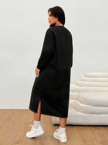 Solflare 大码女式纯色圆领长袖休闲运动衫连衣裙，秋冬 - 黑色 - 查看 2