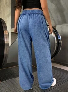 SHEIN EZwear 海军蓝直筒宽松休闲阔腿大码裤，下摆磨损 - 藏蓝色 - 查看 2