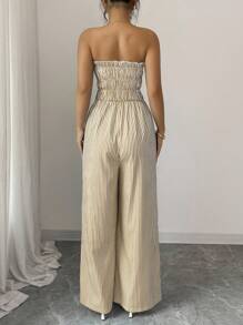 Elenzga 女式夏季休闲条纹抹胸连体裤 - 随机花卉图案 - 卡其色 - 查看 2