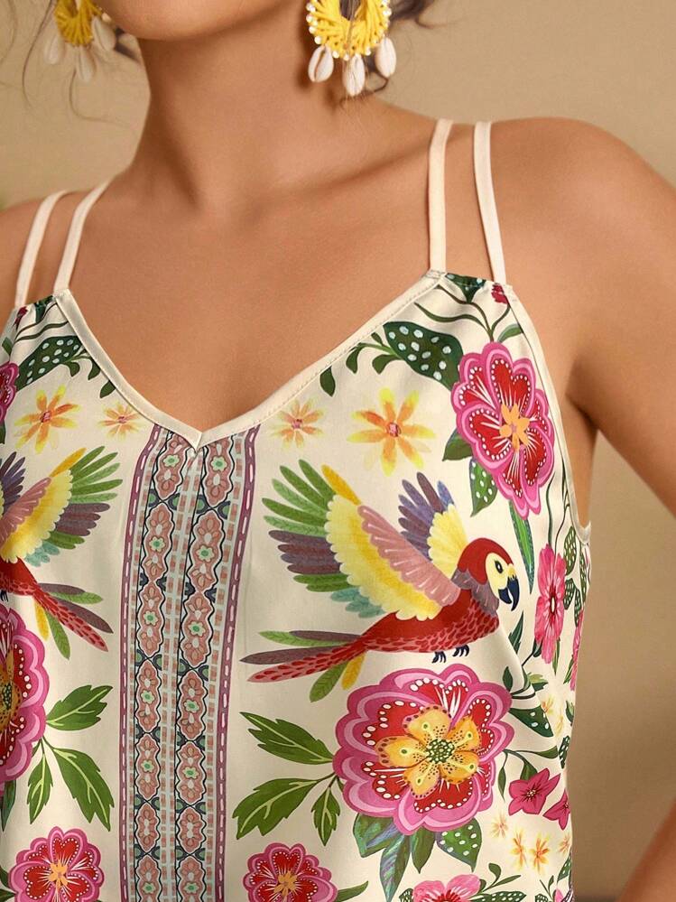 SHEIN VCAY 大码女式花卉和鹦鹉印花休闲吊带背心 - 彩色 - 查看 1