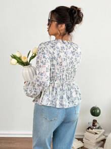 Lounesse 大码女式 V 领带设计碎花长袖衬衫，百搭日常穿着，蓝色碎花衬衫 - 彩色 - 查看 2