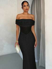 SHEIN BAE Off-Shoulder Lace Bodycon Dress, Elegant For Spring/Summer,Prom Dress - Black - View 3