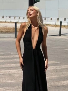 SHEIN ICON 春夏性感喇叭深 V 领挂脖瀑布腰带长连衣裙 - 黑色 - 查看 1