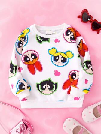 THE POWERPUFF GIRLS X SHEIN 小女孩白色可爱卡通花朵、泡泡、毛茛和心形印花长袖圆领运动衫