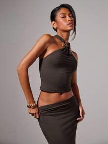 COSMINA Women's Elegant Fitted Knit Halter Neck 2 Pieces Set - Brown - View 5