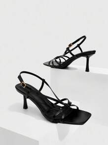 CUCCOO SZL 性感新款夏季黑色交叉带时尚优雅女士高跟凉鞋，细带方头细高跟露趾凉鞋 - 黑色 - 查看 6