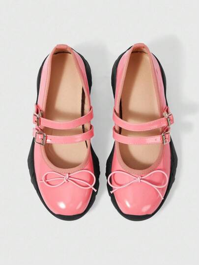 Goth Women's Bowknot Round Toe Chunky Sole Ballet Flats, PU Material, Pink Color With Buckle Design, Suitable For Sports, Graduation, Photography
