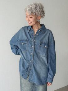 FRIFUL Áo khoác denim nữ màu xanh nhạt dáng suông, có túi, kiểu dáng thường ngày, đa năng, thích hợp mặc mùa thu. - Màu xanh lam - Xem 6