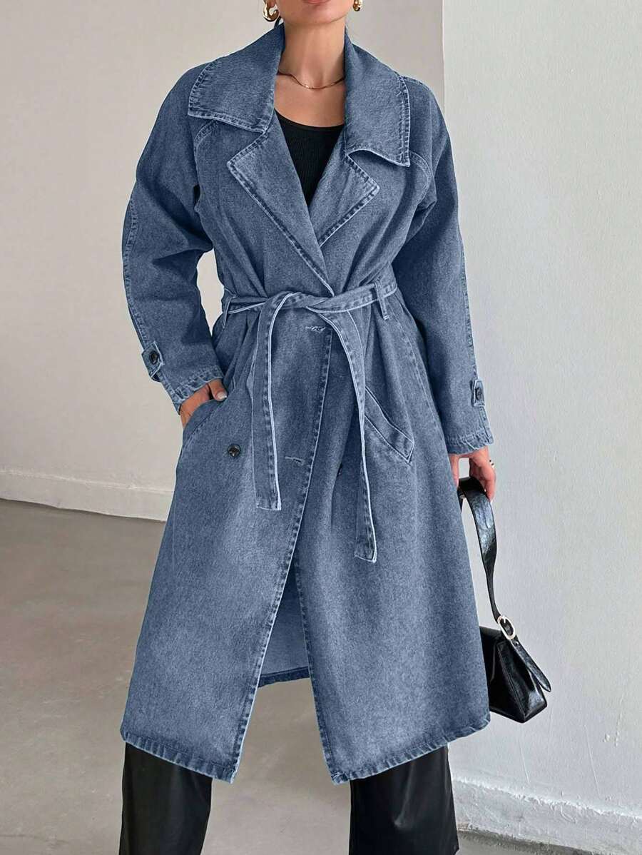 EURMUSE 100% Cotton Women's Lapel Belted Pocket Button Denim Jacket Coat - Light Wash - View 1