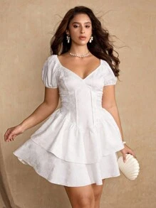 Roveilla 大码优雅彩色花卉印花荷叶边下摆连衣裙，夏季 - 杏色 - 查看 9